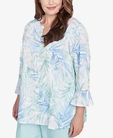 Alfred Dunner Plus St. Thomas Tropical Embroidered Button Front Top