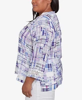 Alfred Dunner Plus Crystal Springs Watercolor Plaid Lace Neck Top