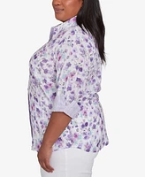 Alfred Dunner Plus Crystal Springs Floral Contrast Cuff Button Down Top