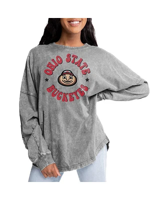 Gameday Couture Women's Gray Ohio State Buckeyes Playing Around Faded Wash Oversized Long Sleeve T-Shirt
