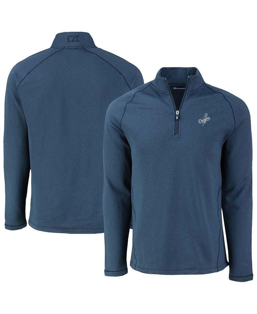 Cutter & Buck Men's Heather Navy Los Angeles Dodgers Peshastin Eco Fleece Raglan Quarter-Zip Top