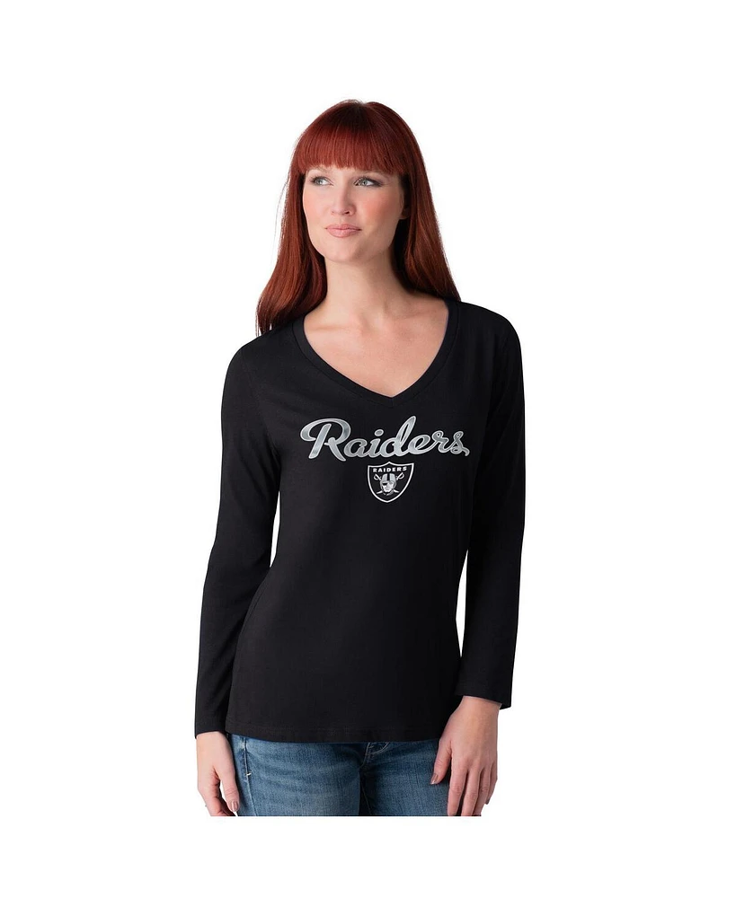 G-iii 4Her by Carl Banks Women's Black Las Vegas Raiders Post Season Long Sleeve V-Neck T-Shirt