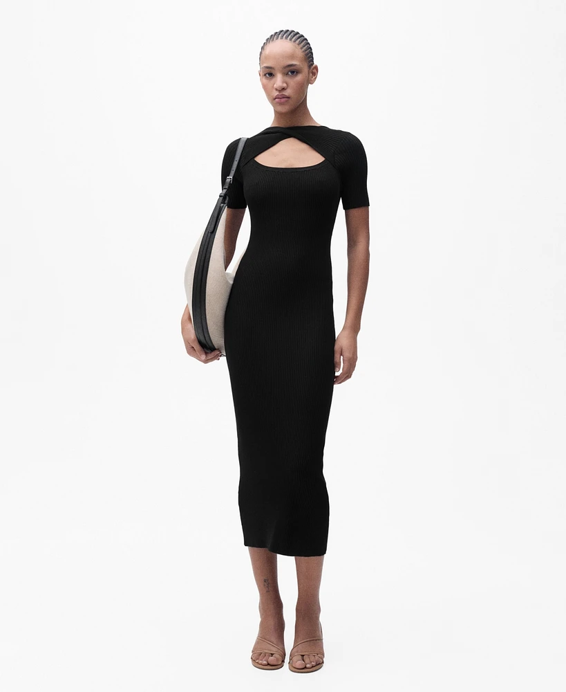 Mango Women's Slit Neckline Ribbed Midi Dress