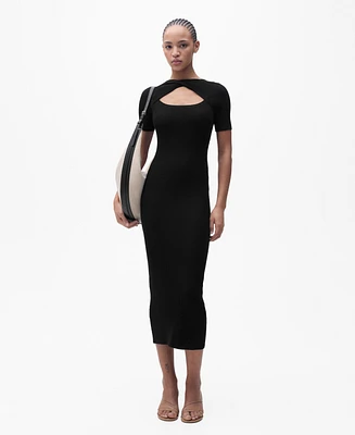 Mango Women's Slit Neckline Ribbed Midi Dress