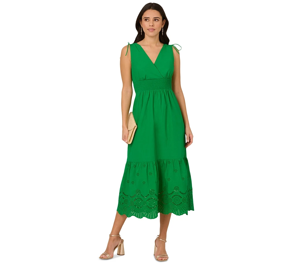Adrianna Papell Women's Smocked-Waist Tie-Sleeve Eyelet Cotton Sundress
