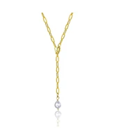 Sterling Silver 14K Gold Plated with White Freshwater Pearl Y-Style Necklace