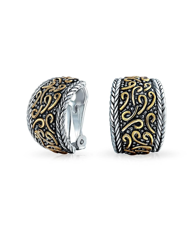 Bling Jewelry Bali Style Swirl Two Tone Wide Half Hoop Clip On Earrings Non Pierced Ears Black Oxidized Sliver Gold Plated Brass