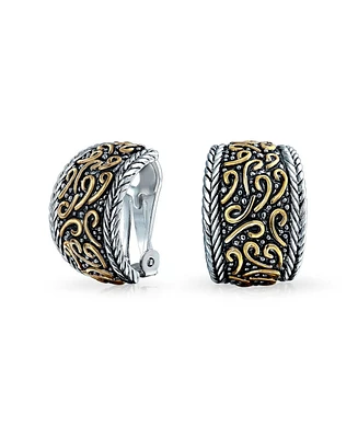 Bling Jewelry Bali Style Swirl Two Tone Wide Half Hoop Clip On Earrings Non Pierced Ears Black Oxidized Sliver Gold Plated Brass