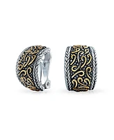 Bling Jewelry Bali Style Swirl Two Tone Wide Half Hoop Clip On Earrings Non Pierced Ears Black Oxidized Sliver Gold Plated Brass