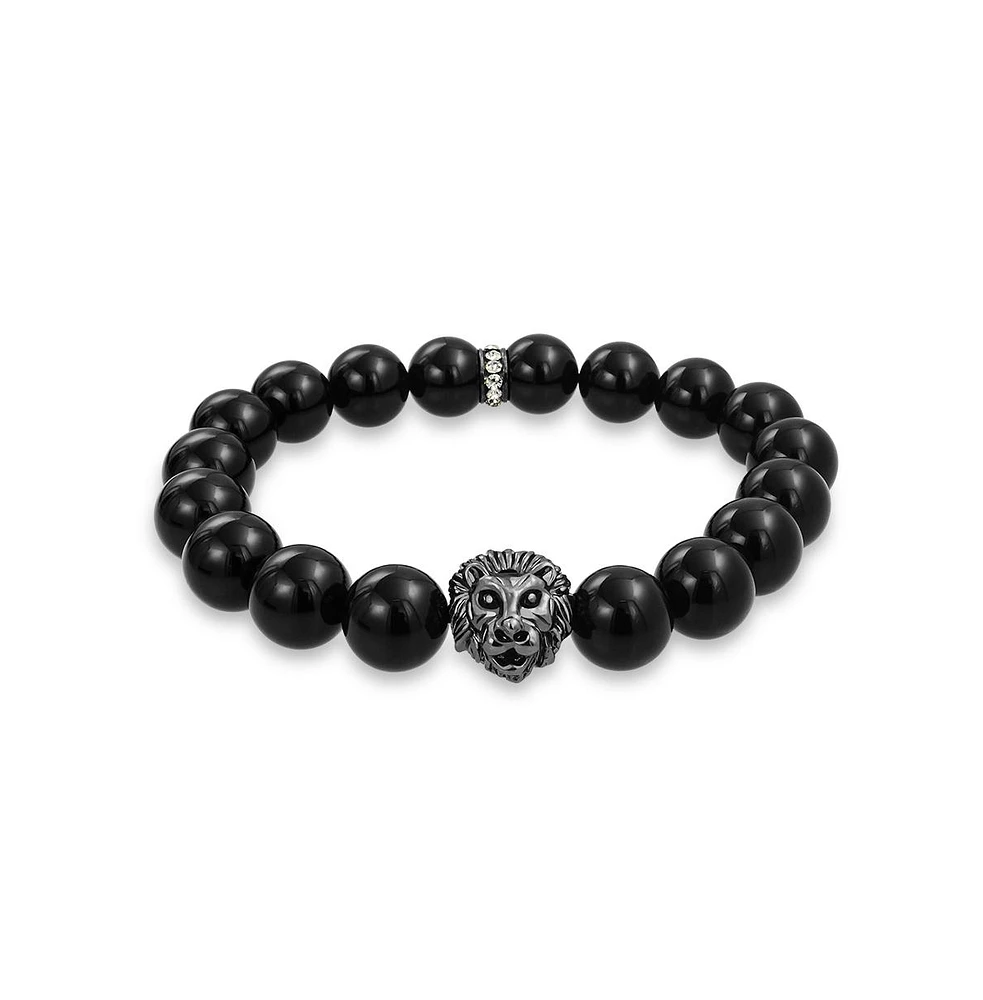 Bling Jewelry Jungle Animal Black Brown Tiger Eye Lava Rock Round Bead Strand Jungle Animal Fox Wolf Lion Head Stretch Beads Bracelet Gold Plated Or B