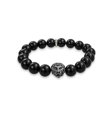 Bling Jewelry Jungle Animal Black Brown Tiger Eye Lava Rock Round Bead Strand Jungle Animal Fox Wolf Lion Head Stretch Beads Bracelet Gold Plated Or B