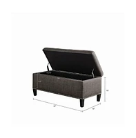 Modern tufted storage bench with soft-close lid, grey linen upholstery, button tufting, black wood legs, and interior for bedroom or entryway.