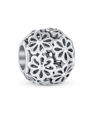Bling Jewelry Floral Filigree Round Bouquet Flower Barrel Charm Bead Oxidized .925 Sterling Silver