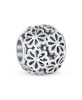 Bling Jewelry Floral Filigree Round Bouquet Flower Barrel Charm Bead Oxidized .925 Sterling Silver