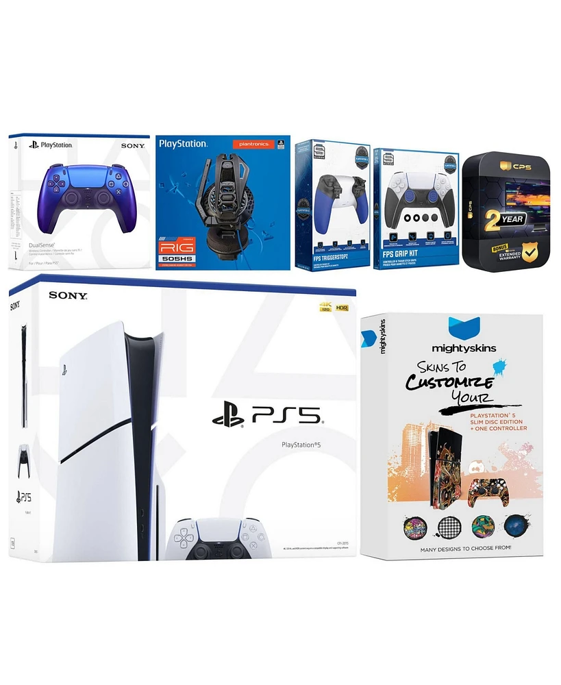 Sony Playstation 5 Slim Disc with Extra Volcanic Red Controller, Plantronics Headset, Trigger Stop Kit, Fps Grip Kit and MightySkins Decal Voucher + 2