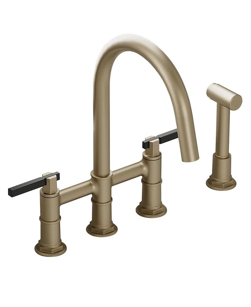 Double Handle 4-Holes Deck Mount Bridge Kitchen Faucet with Side Sprayer Sink Faucet 360 Swivel Spout in Brushed Gold