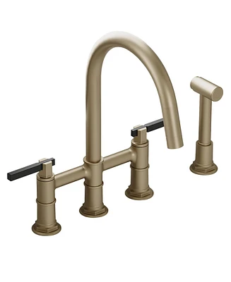Double Handle 4-Holes Deck Mount Bridge Kitchen Faucet with Side Sprayer Sink Faucet 360 Swivel Spout in Brushed Gold