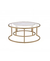 Set of Two 36" Clear White And Gold Glass Faux Marble And Iron Round Nested Coffee Tables