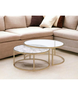 Set of Two 36" Clear White And Gold Glass Faux Marble And Iron Round Nested Coffee Tables