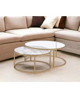 Set of Two 36" Clear White And Gold Glass Faux Marble And Iron Round Nested Coffee Tables