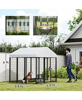 PawHut 5.9' x 5.9' x 6' Outdoor Dog Kennel with Rotating & Adjustable Bowls