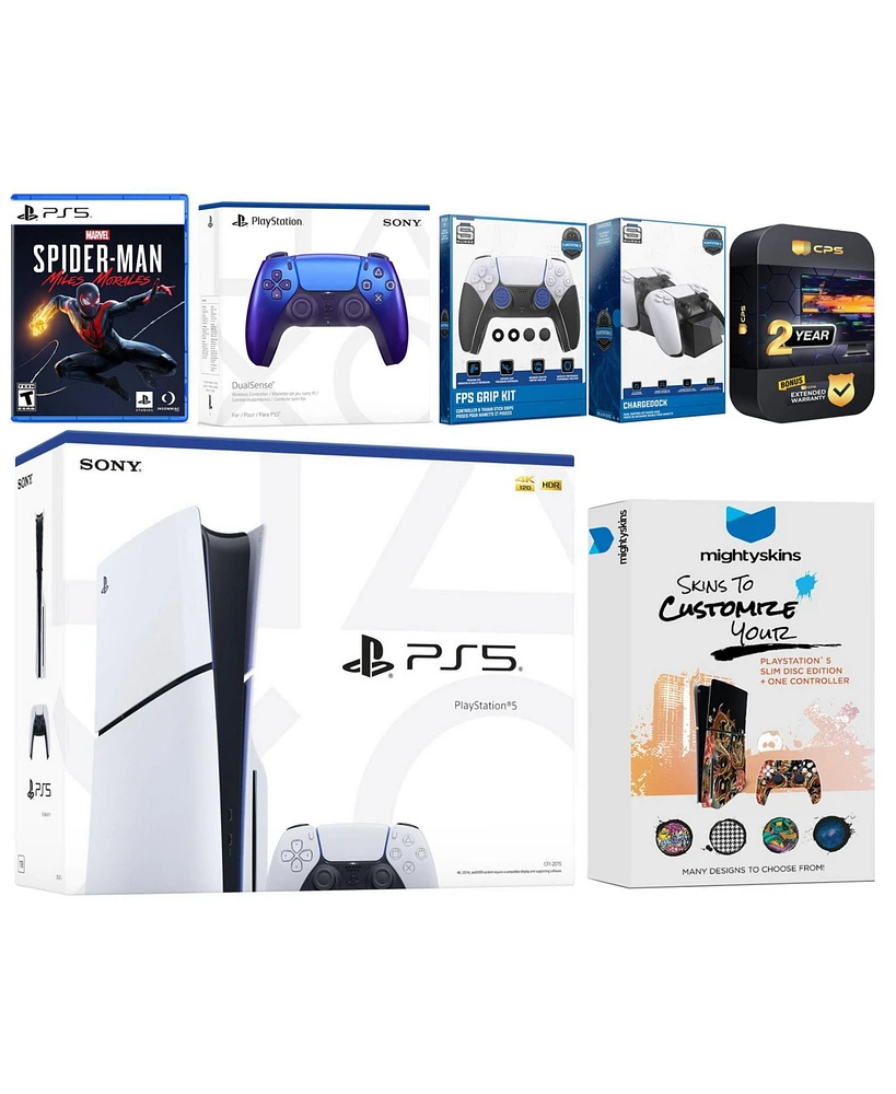 Sony Playstation 5 Slim Disc with Spider-Man: Miles Morales, Extra Volcanic Red Controller, Fps Grip Kit, Charge Dock and MightySkins Decal Voucher +