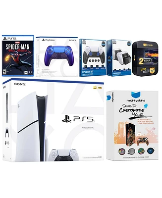 Sony Playstation 5 Slim Disc with Spider-Man: Miles Morales, Extra Volcanic Red Controller, Fps Grip Kit, Charge Dock and MightySkins Decal Voucher +