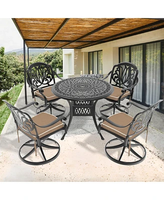 5-Piece Cast Aluminum Dining Set, 4 Swivel Chairs, 35" Round Table