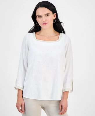 Jm Collection Petite Square-Neck Rope-Trim 3/4-Sleeve Top, Exclusively at Macy's