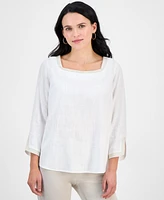 Jm Collection Petite Square-Neck Rope-Trim 3/4-Sleeve Top, Exclusively at Macy's