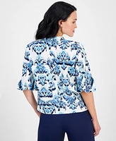Jm Collection Petite Floral-Print Split-Neck Cuffed-Sleeve Top, Exclusively at Macy's