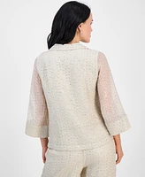 Jm Collection Petite Sequinned Split-Neck 3/4-Sleeve Top, Exclusively at Macy's