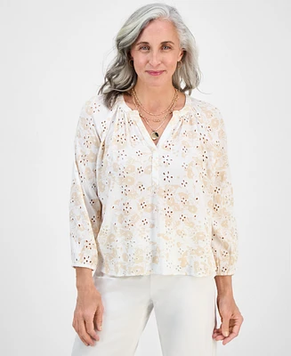 Style & Co Petite Morning Glories Contrast-Stitched Blouse, Exclusively at Macy's