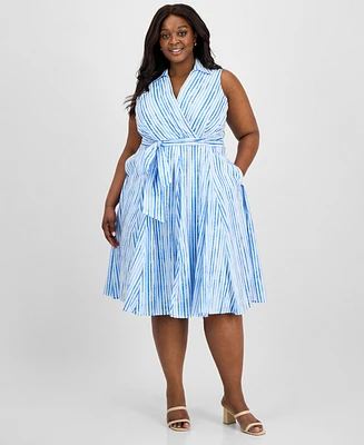 Tahari Asl Plus Cotton Striped Faux-Wrap Shirtdress