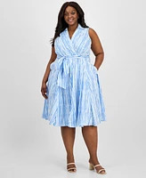Tahari Asl Plus Cotton Striped Faux-Wrap Shirtdress