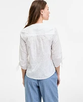 Jones New York Women's Y-Neck Button-Front Embroidered Cotton Top