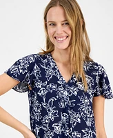 Ak Anne Klein Women's Printed V-Neck Flutter-Sleeve Tunic