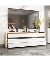 Tv stand with 6 drawers, media console with gold frame, white wooden entertainment center