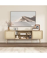 Tv stand with rattan door panels, media console with two doors and two compartments, entertainment center with legs