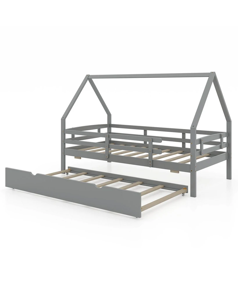 Twin House Bed with Trundle and Fence Rail