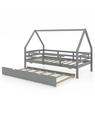 Twin House Bed with Trundle and Fence Rail