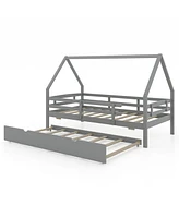 Twin House Bed with Trundle and Fence Rail