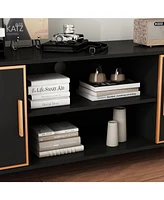 Black Tv stand with two doors, media console with metal handles and feet, multi-purpose wooden entertainment center