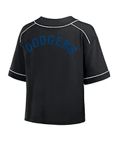 Fanatics Women's Black Los Angeles Dodgers Oversized Champ Game Midi Cropped V-Neck T-Shirt