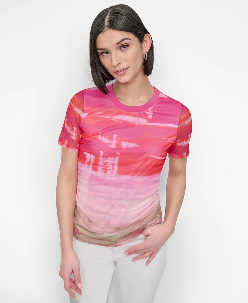 Dkny Women's Printed Mesh Crewneck Ruched Top