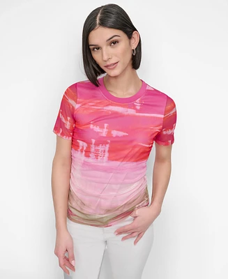 Dkny Women's Printed Mesh Crewneck Ruched Top