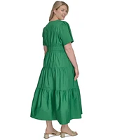 Jessica Howard Plus Cotton Tiered Split-Neck Maxi Dress