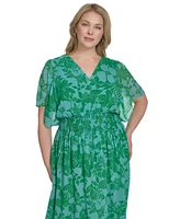 Jessica Howard Plus Printed Chiffon Flutter-Sleeve Maxi Dress