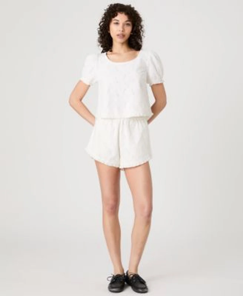 French Connection Womens Eyelet Puff Sleeve Top Eyelet Ruffle Hem Shorts