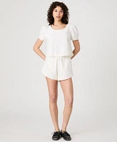 French Connection Womens Eyelet Puff Sleeve Top Eyelet Ruffle Hem Shorts